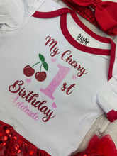 Load image into Gallery viewer, Personalised Cherry Birthday Tutu Romper Dress with Headband