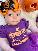 Load image into Gallery viewer, Baby Girl's Personalised Pumpkin First Halloween Tutu Romper & Pumpkin Bow Headband