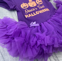 Load image into Gallery viewer, Baby Girl's Personalised Pumpkin First Halloween Tutu Romper & Headband