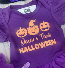 Load image into Gallery viewer, Baby Girl's Personalised Pumpkin First Halloween Tutu Romper & Headband