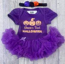 Load image into Gallery viewer, Baby Girl's Personalised Pumpkin First Halloween Tutu Romper & Headband