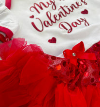 Load image into Gallery viewer, Baby Girls 1st Valentine's Day Dress, Sequin Red & White Tutu Romper with Bow Headband