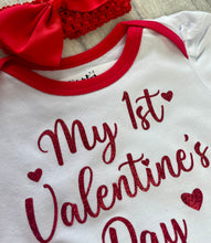 Load image into Gallery viewer, Baby Girls 1st Valentine's Day Dress, Sequin Red & White Tutu Romper with Bow Headband