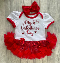 Load image into Gallery viewer, Baby Girls 1st Valentine's Day Dress, Sequin Red & White Tutu Romper with Bow Headband