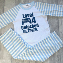 Load image into Gallery viewer, Personalised Game Blue Stripe Birthday Pyjamas - Little Secrets Clothing
