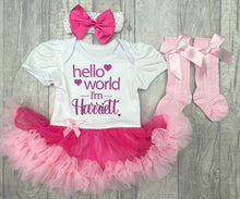 Load image into Gallery viewer, Pink Personalised Hello World Tutu Romper With Matching Bow Headband And Socks - Little Secrets Clothing