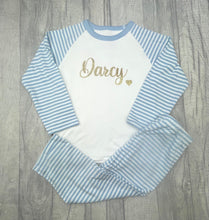 Load image into Gallery viewer, Personalised Blue and White Pyjamas with gold glitter - Little Secrets Clothing