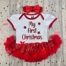 Load image into Gallery viewer, My 1st Christmas, Baby Girl Red and White Sequin Tutu Romper