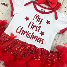 Load image into Gallery viewer, My 1st Christmas, Baby Girl Red and White Sequin Tutu Romper