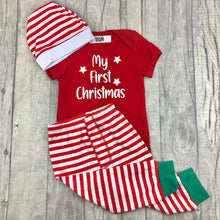 Load image into Gallery viewer, Baby My First Christmas Set, Red Romper With Pants and Hat