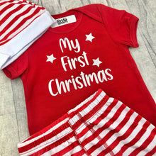 Load image into Gallery viewer, Baby My First Christmas Set, Red Romper With Pants and Hat