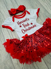 Load image into Gallery viewer, Baby Girls First Christmas Personalised Red Tutu Romper & Bow Headband - Little Secrets Clothing