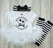 Load image into Gallery viewer, Nightmare Before Christmas Baby Girl Tutu Romper With Headband And Leg Warmers