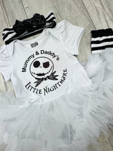 Load image into Gallery viewer, Nightmare Before Christmas Baby Girl Tutu Romper With Headband And Leg Warmers