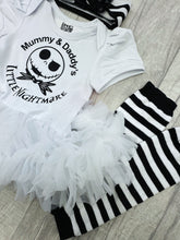Load image into Gallery viewer, Nightmare Before Christmas Baby Girl Tutu Romper With Headband And Leg Warmers