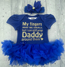 Load image into Gallery viewer, My fingers may be small" Baby Girl Tutu Romper With Matching Bow Headband