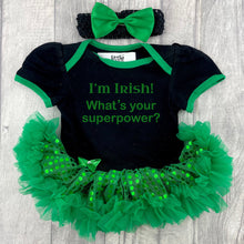 Load image into Gallery viewer, Baby Girl Irish Tutu Romper With Bow Headband, I'm Irish! What's Your Superpower?