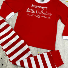 Load image into Gallery viewer, Red and White striped long sleeve Pyjama Set. The top features white glitter love heart design and lettering saying Mummy's Little Valentine