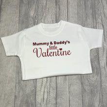Load image into Gallery viewer, White T-shirt featuring red glitter lettering design saying Mummy & Daddy's little Valentine