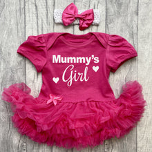 Load image into Gallery viewer, Baby girls short sleeve cotton soft hot pink tutu romper with matching bow headband above. The tutu romper features white glitter love hearts design and text saying Mummy's Girl.