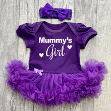 Load image into Gallery viewer, Baby girls short sleeve cotton soft purple tutu romper with matching bow headband above. The tutu romper features white glitter love hearts design and text saying Mummy's Girl.