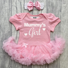Load image into Gallery viewer, Baby girls short sleeve cotton soft light pink tutu romper with matching bow headband above. The tutu romper features white glitter love hearts design and text saying Mummy's Girl.