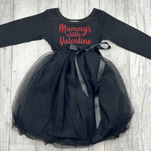 Load image into Gallery viewer, Girls long sleeve black tutu dress with ribbon bow. The dress features red glitter script lettering saying Mummy's Little Valentine