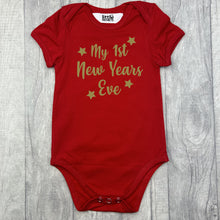 Load image into Gallery viewer, Babies Red Bodysuit Romper. The romper features gold glitter stars design and lettering saying My 1st New Years Eve.