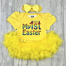 Load image into Gallery viewer, Baby girls short sleeve yellow tutu romper with bow headband above. The tutu romper features a rainbow coloured My 1st Easter design.