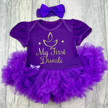 Load image into Gallery viewer, My First Diwali Baby Girl's Tutu Romper With Matching Bow Headband, Gold Glitter Diya/ Candle Design