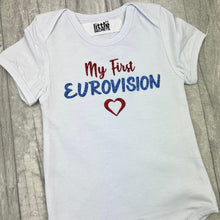 Load image into Gallery viewer, Newborn short sleeve bodysuit white romper featuring red and blue lettering design saying My First Eurovision and small love heart underneath