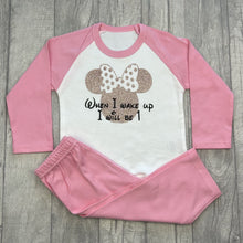 Load image into Gallery viewer, Pink and White Pyjama Set. The top features Rose Gold Minnie Mouse design and Black glitter lettering saying When I wake up I will be 1