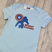 Load image into Gallery viewer, 'Newest Avenger' Captain America Newborn Baby Boy Short Sleeve Blue  Romper, Marvel Superhero