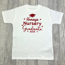 Load image into Gallery viewer, Children's white t-shirt featuring red stars and graduation cap design with lettering saying Personalised name Nursery Graduate 2025.