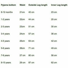 Load image into Gallery viewer, Pyjama Bottom Size Guide - Little Secrets Clothing