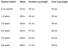 Load image into Gallery viewer, Pyjama bottom size guide chart