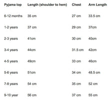 Load image into Gallery viewer, Pyjama Top Size Guide - Little Secrets Clothing