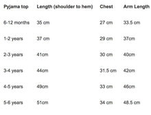 Load image into Gallery viewer, Pyjama top size guide chart