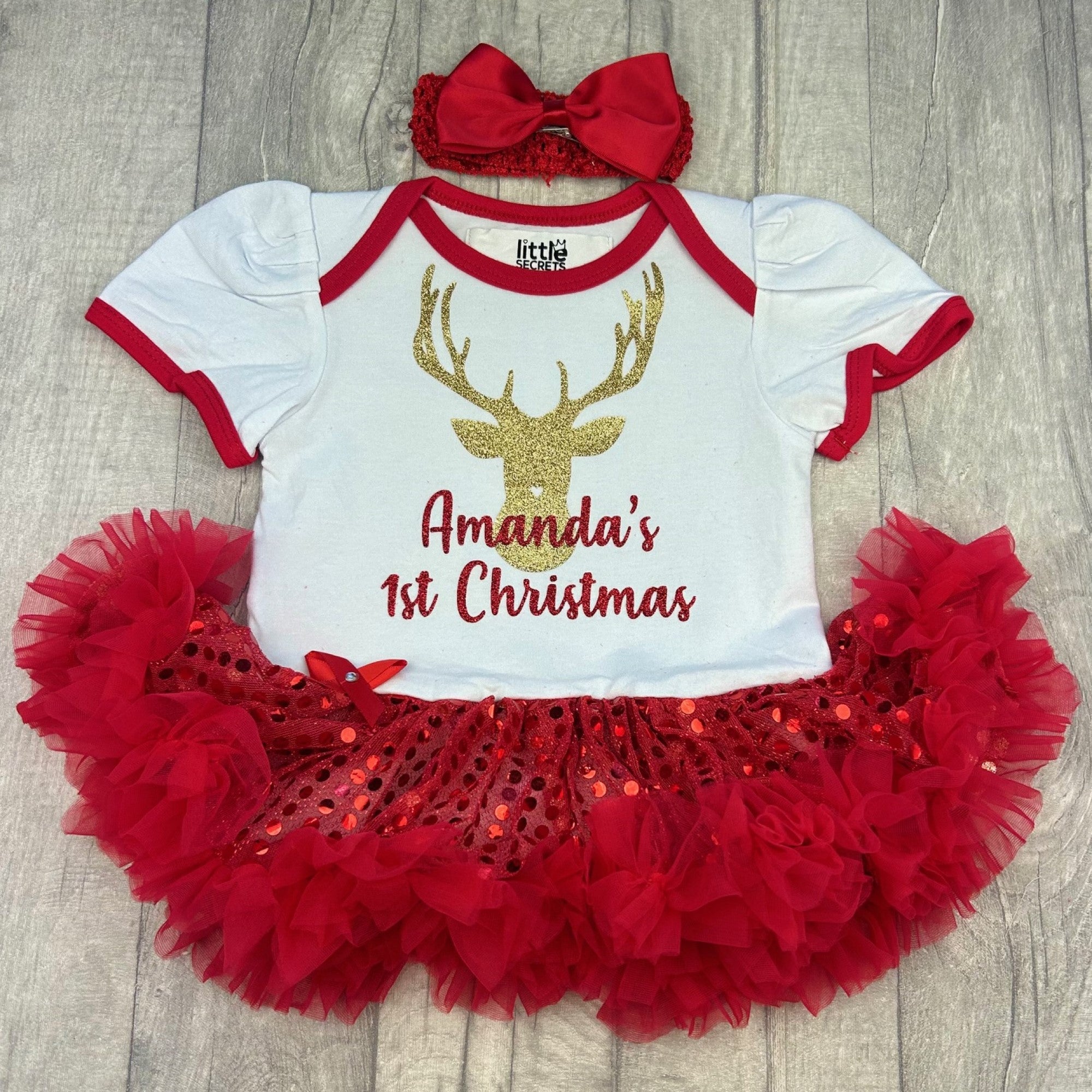 Personalised 1st Christmas Sequin Dress, Baby Girls Reindeer Tutu
