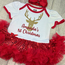 Load image into Gallery viewer, Personalised 1st Christmas Sequin Dress, Baby Girls Reindeer Tutu Romper With Headband