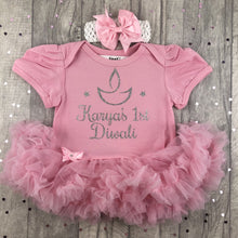 Load image into Gallery viewer, Personalised 1st Diwali Baby Girl Tutu Romper With Matching Bow Headband, Silver Glitter Design