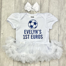 Load image into Gallery viewer, Baby Girls White short sleeve Tutu Romper with bow headband above. The tutu romper features Navy Blue football design and text underneath 'Name' 1st Euros
