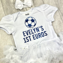 Load image into Gallery viewer, Baby Girls White short sleeve Tutu Romper with bow headband above. The tutu romper features Navy Blue football design and text underneath 'Name' 1st Euros