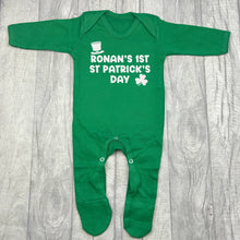 Load image into Gallery viewer, Personalised 1st Patrick's Day Green Sleepsuit, Baby Boy's Irish Romper