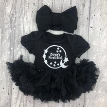 Load image into Gallery viewer, Personalised First Eid Black Tutu Romper & Oversized Bow Headband Set