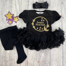 Load image into Gallery viewer, Personalised First Eid Baby Girl Black Tutu Romper Set, Gold Glitter