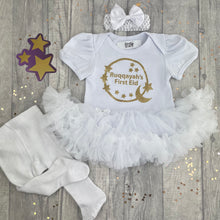 Load image into Gallery viewer, Personalised First Eid Baby Girl White Tutu Romper Set, Gold Glitter