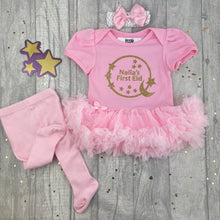 Load image into Gallery viewer, Personalised First Eid Baby Girl Pink Tutu Romper Set, Gold Glitter