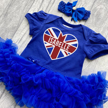 Load image into Gallery viewer, Baby Girls Personalised Union Jack Heart Blue Tutu Romper Dress