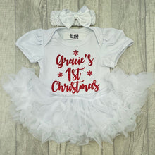 Load image into Gallery viewer, Personalised 1st Christmas Tutu Romper With Matching Bow Headband, Red Glitter Snowflake